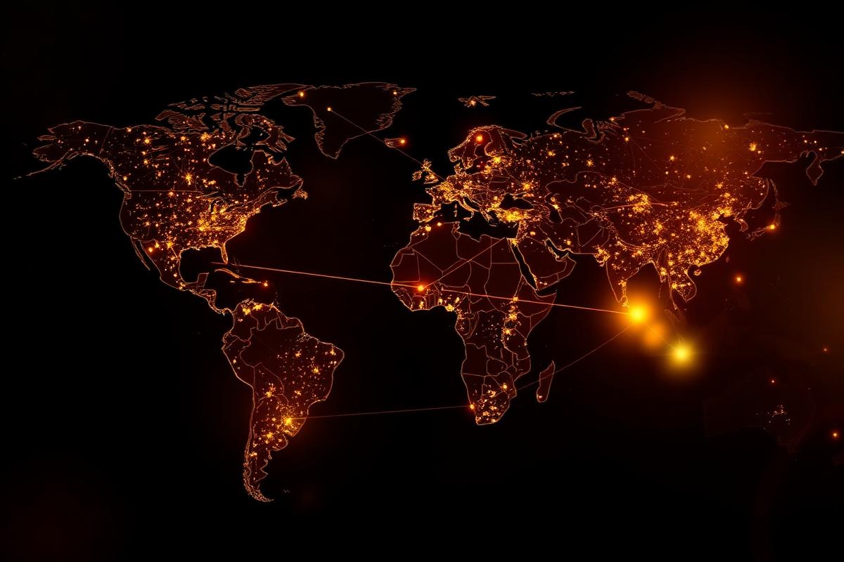 Global trade routes glowing on world map