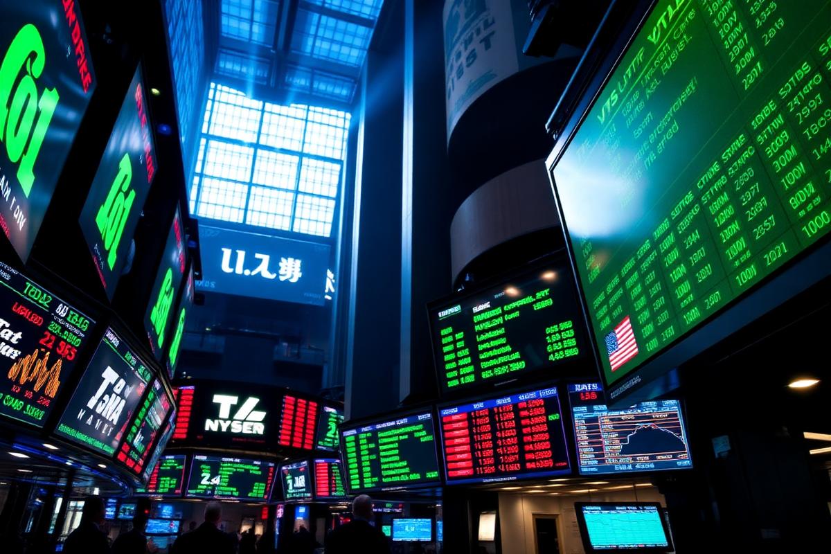 NYSE trading floor with electronic screens