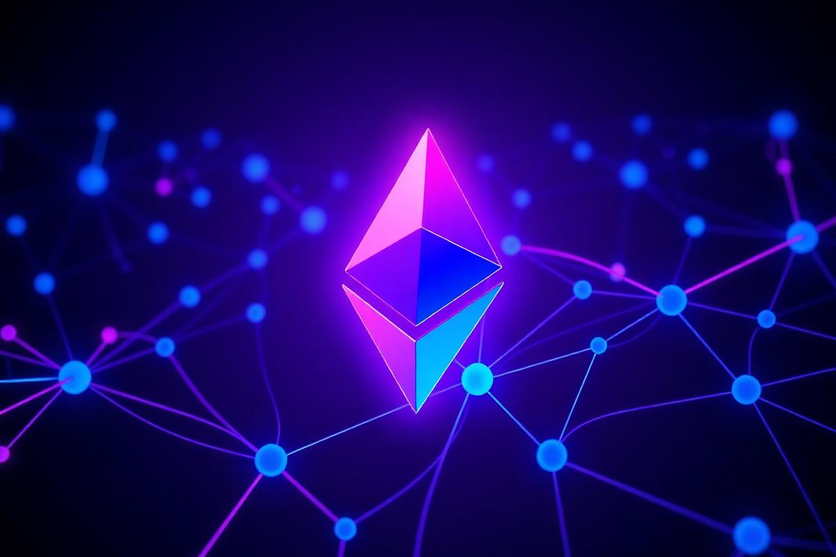 Ethereum logo with blockchain network nodes